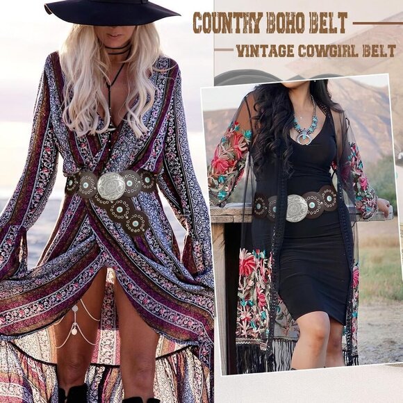 Woman\'s Western PU Leather Belt Concho Disc Wide Waist Belt Coffee Silver Buckle main image 5